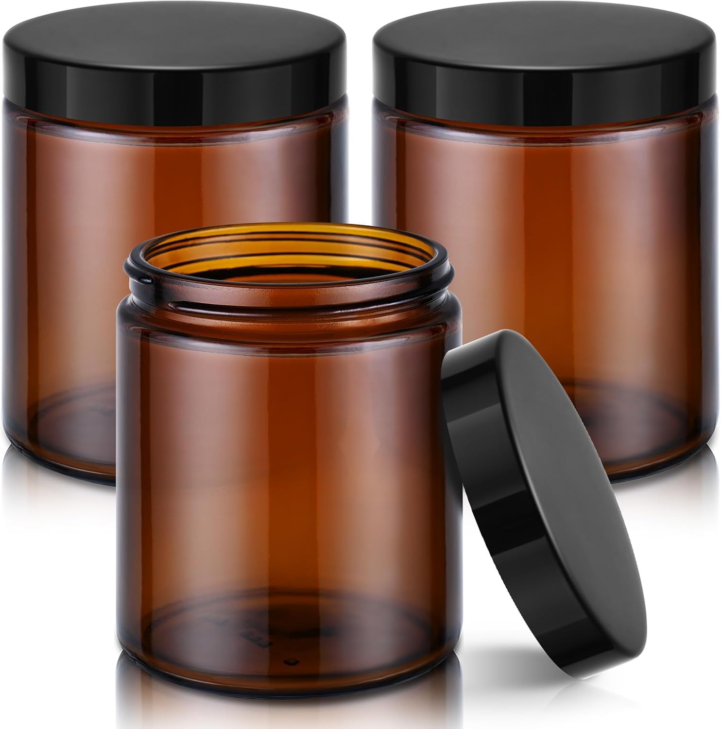 Tecohouse 8 ounce amber glass jars with black lids front view