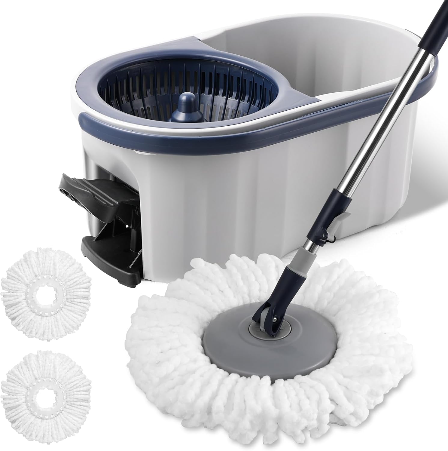YOUSHANGJIA spin mop and bucket system front view with dual chambers.