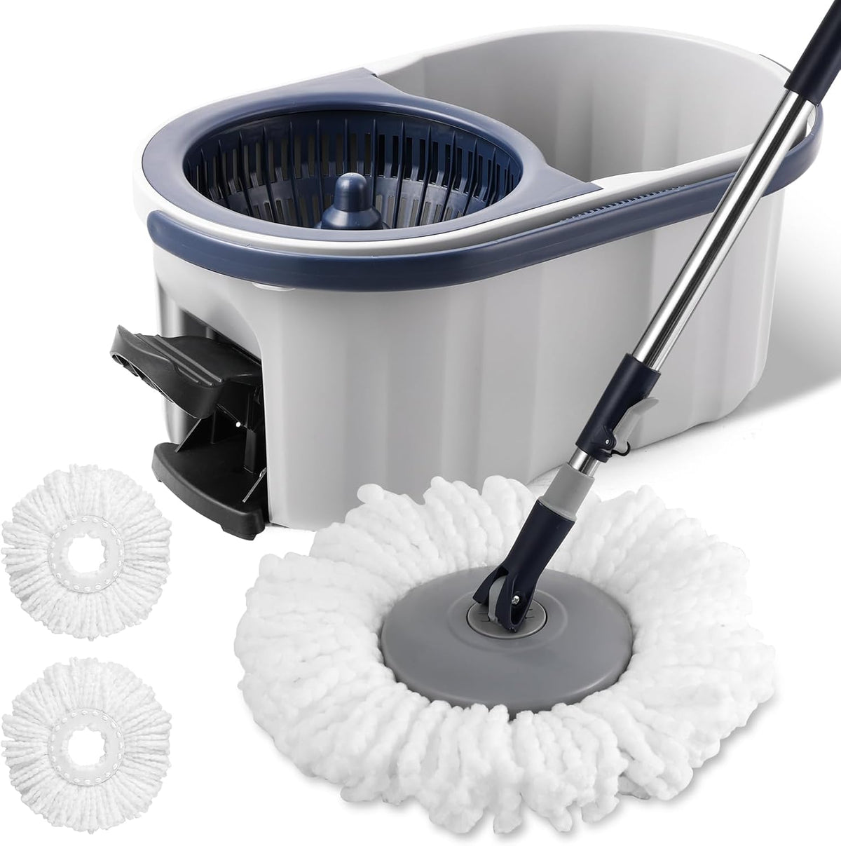 YOUSHANGJIA spin mop and bucket system front view with dual chambers.