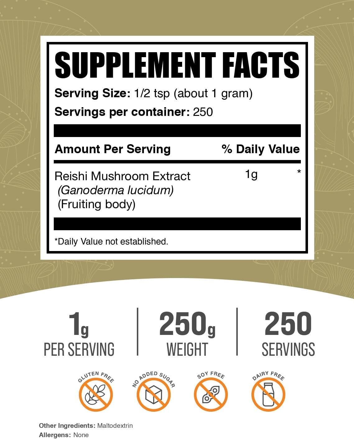 BulkSupplements Reishi Mushroom Extract Powder 250 gram bag