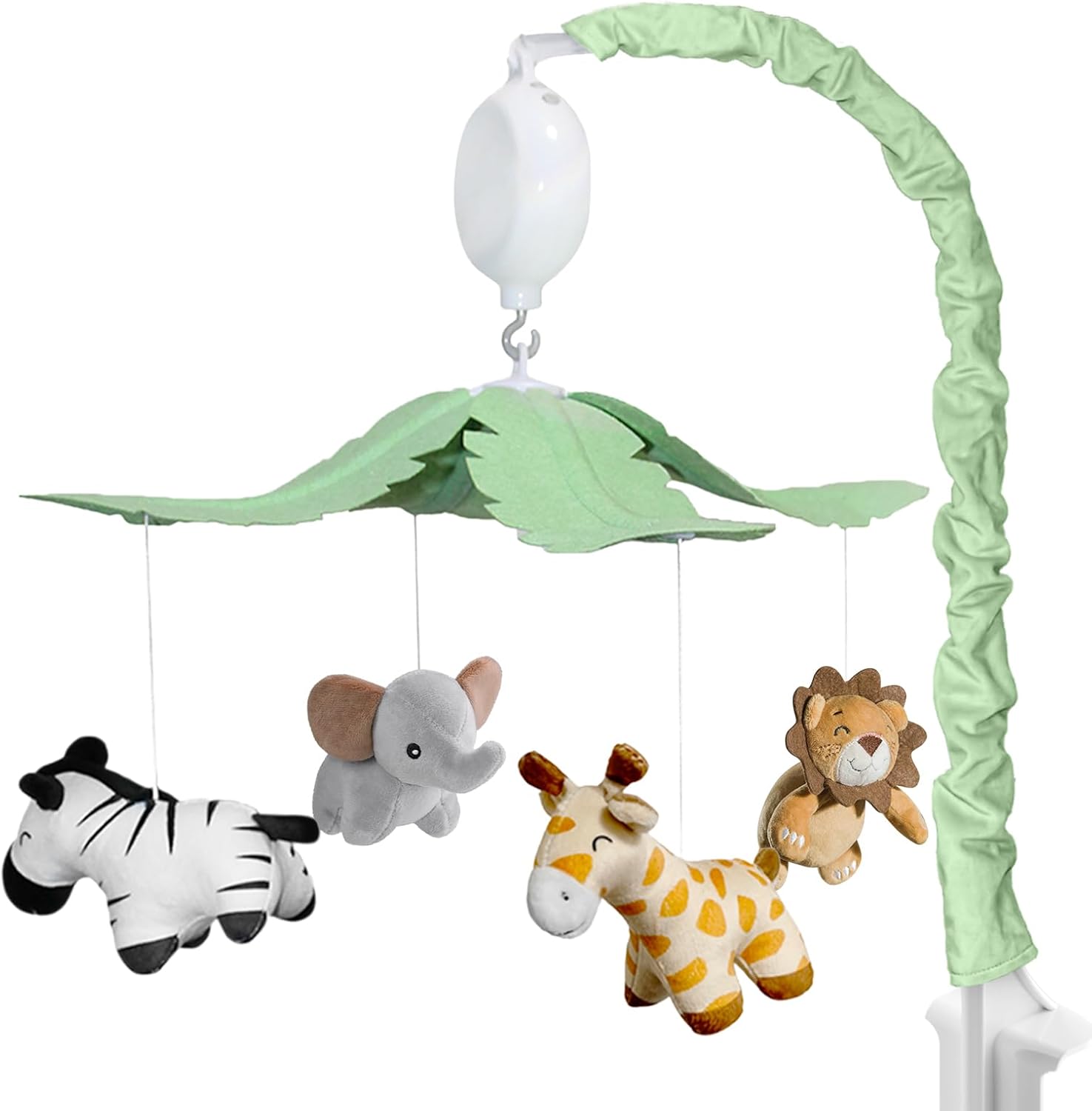 Feisike jungle safari baby crib mobile front view showcasing the rotating plush animals and adjustable arm.