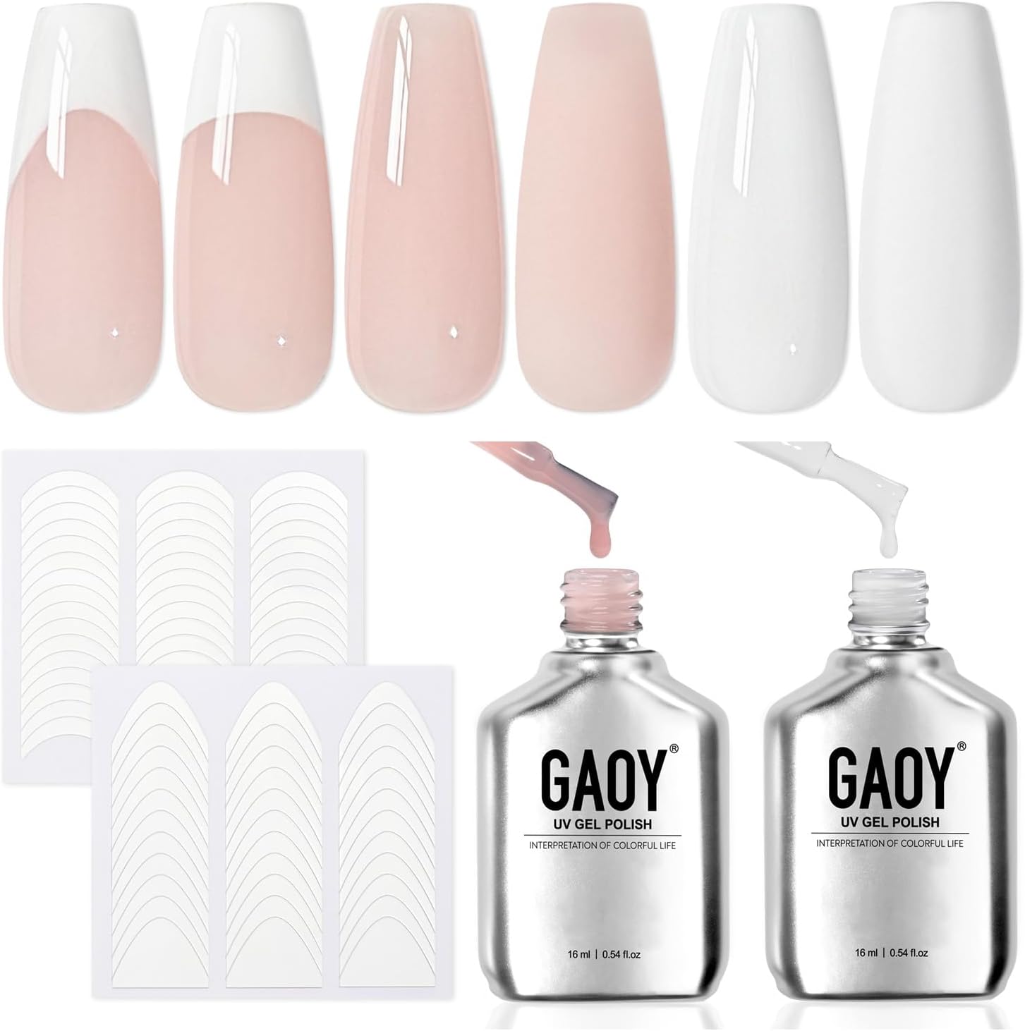 GAOY French Tip Gel Polish Set, 2Pcs Gel Nail Polish and 2 Styles Classic French Nail Art Stickers, Include Jelly Sheer Pink White Colors for Manicure DIY at Home, UV Light Cure - Image 1