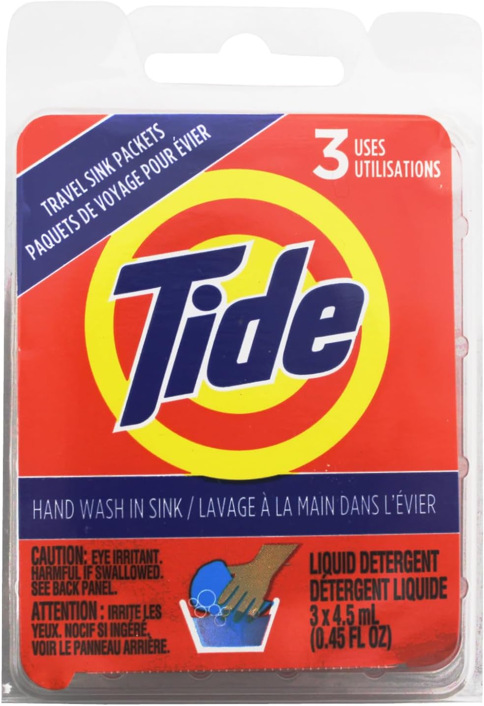Tide travel sink wash packets shown beside travel luggage