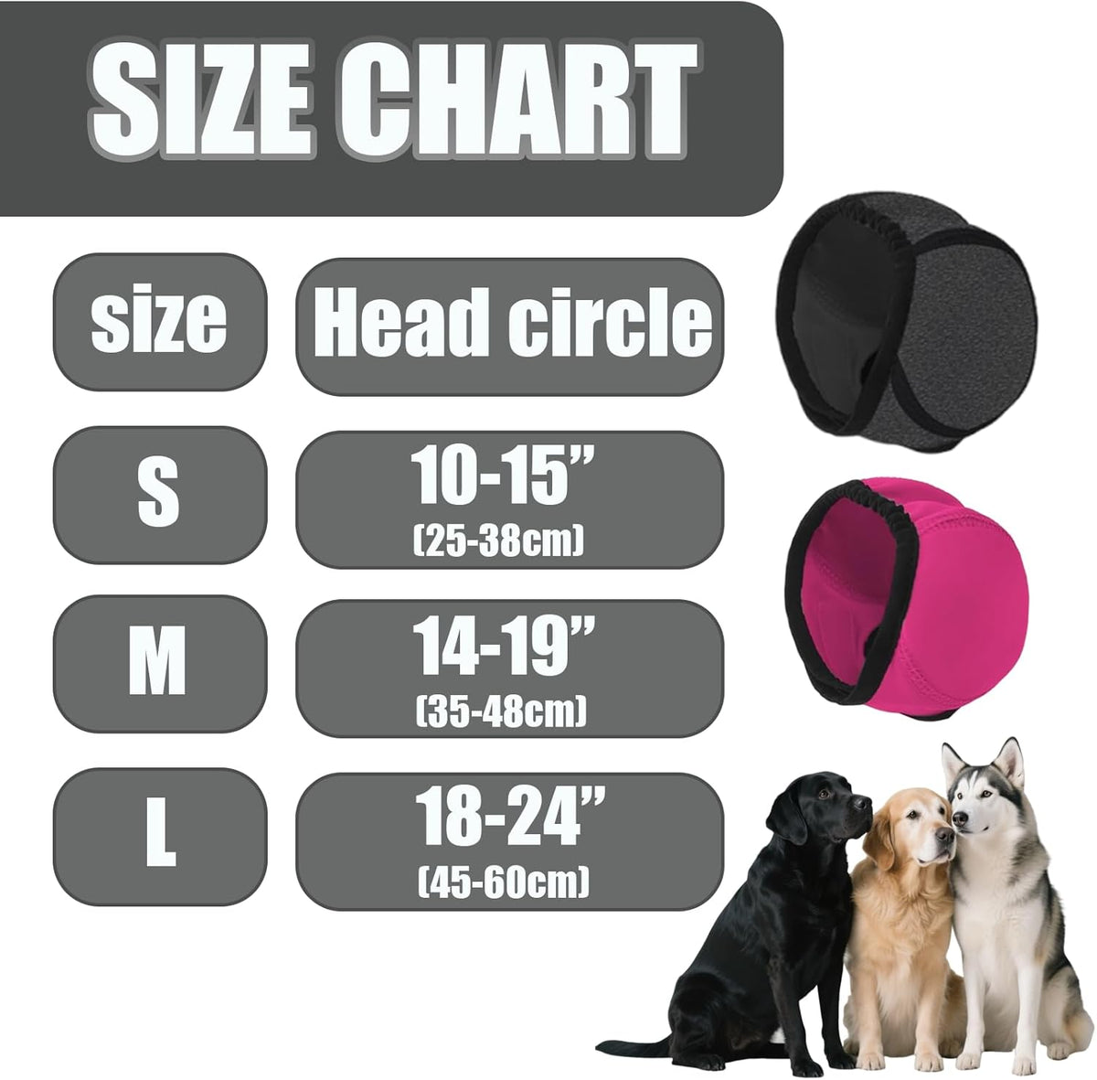 Side profile of dog wearing gray quiet ear cover