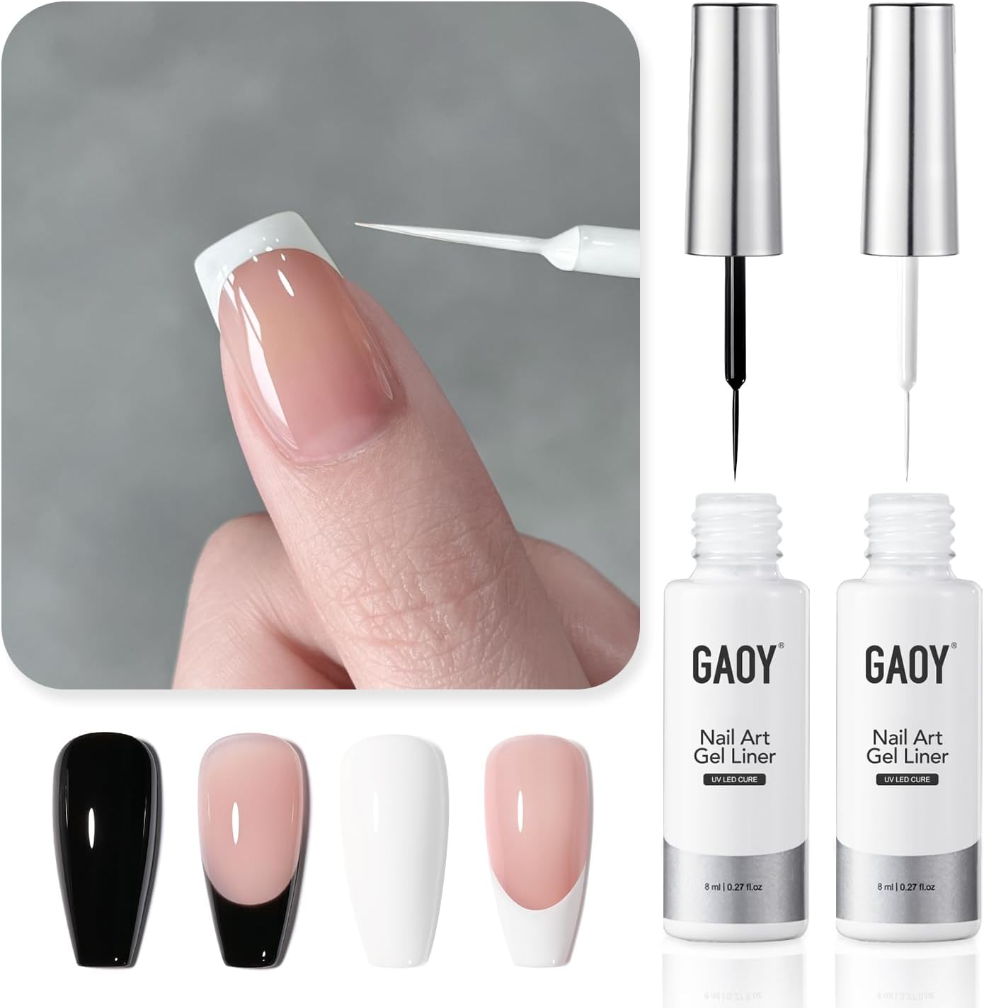 GAOY Black and White Gel Nail Polish Art Liner, 2Pcs 8ml Classic Colors Nail Paint Design with Thin Brush, UV Light Cure for DIY French Manicure at Home - Image 1
