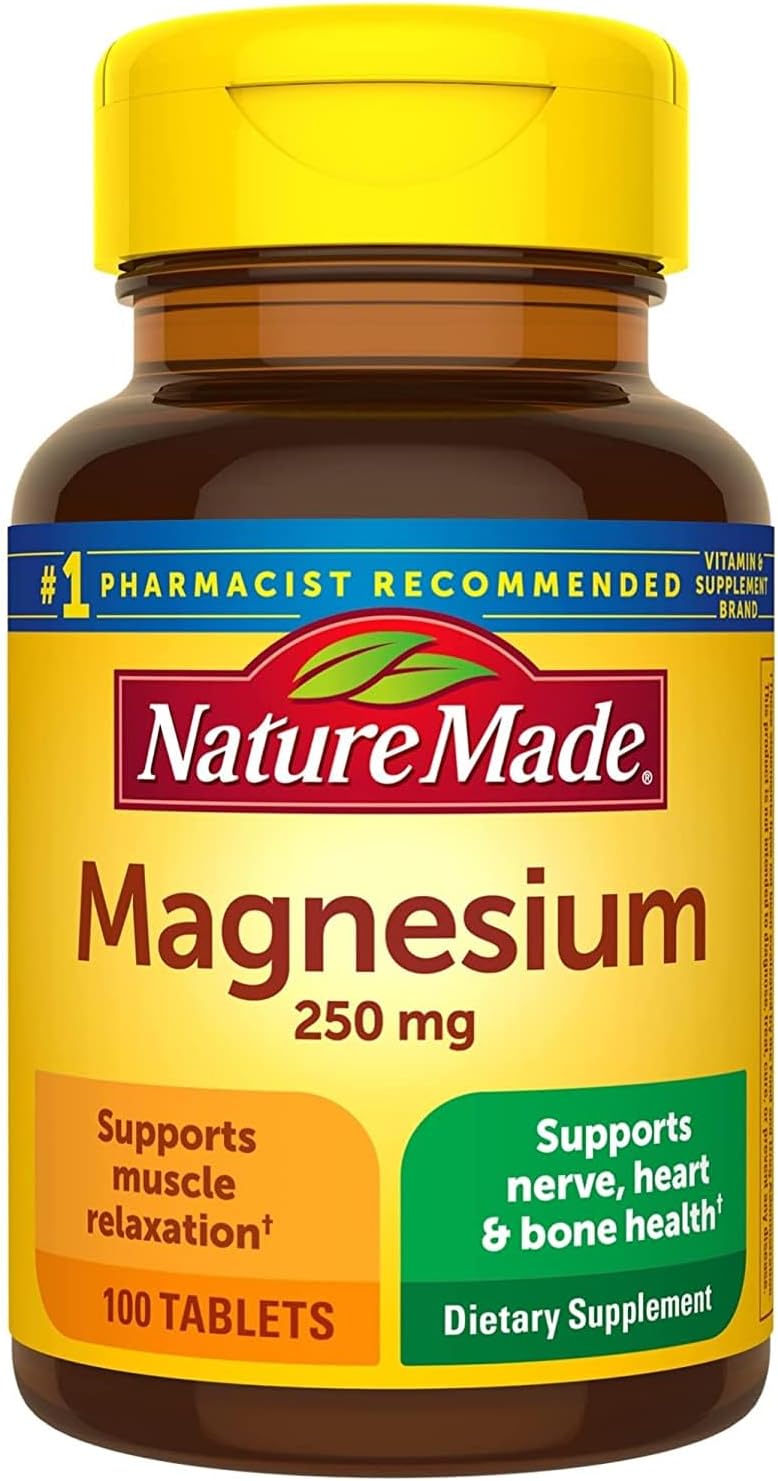 Nature Made magnesium tablets close up texture view
