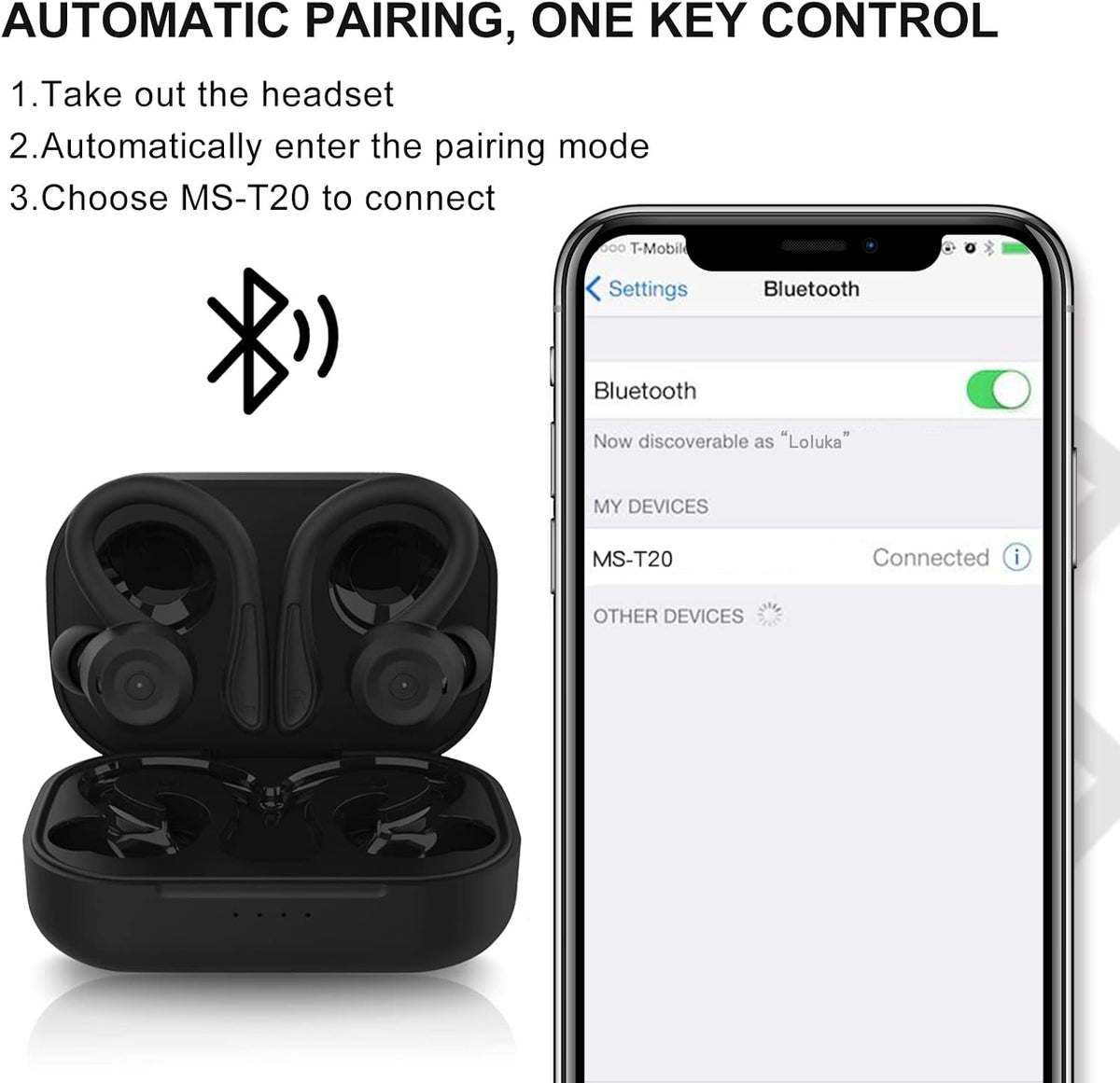 Loluka workout headset with charging case open