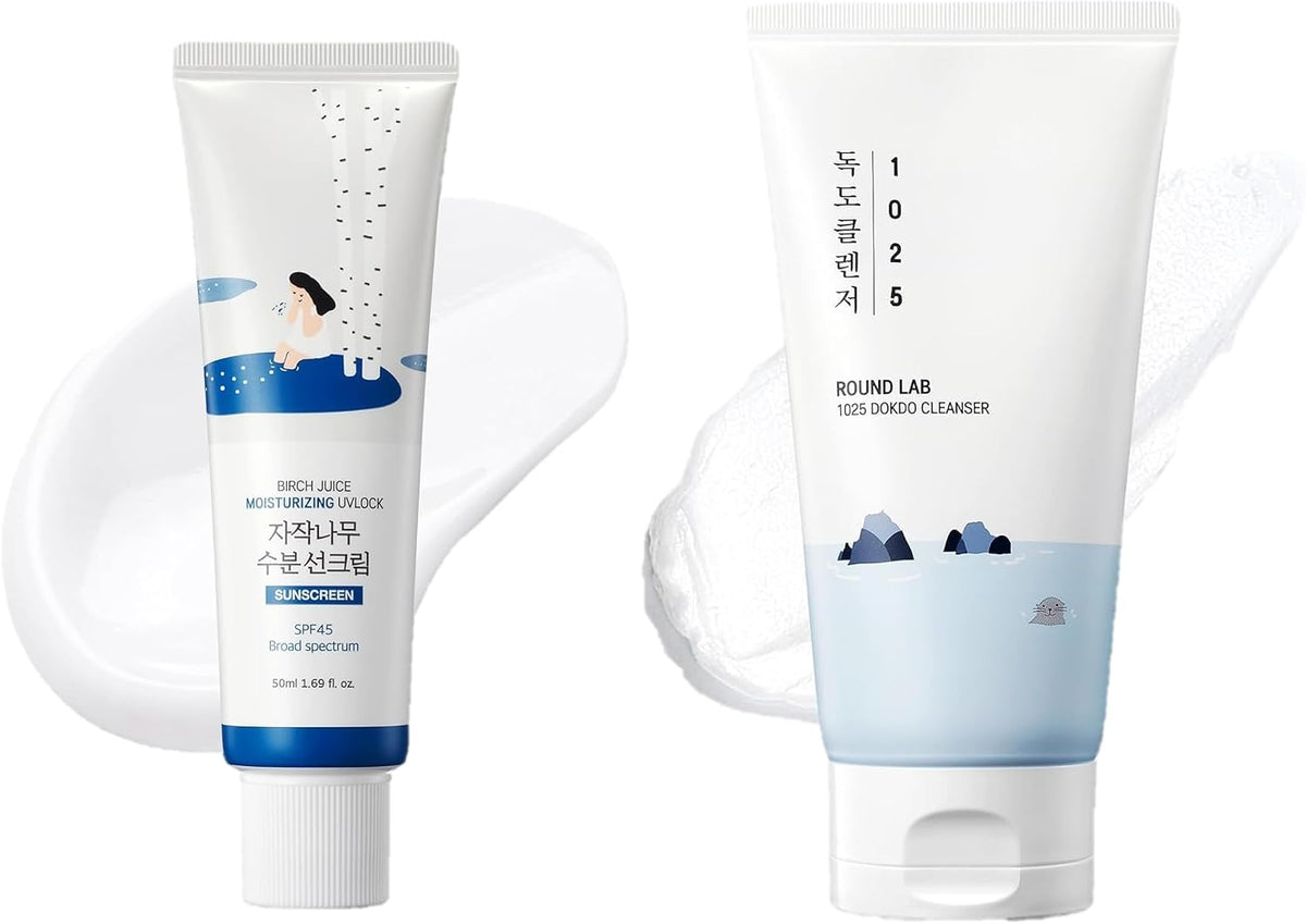 ROUND LAB Daily Skin Care Duo front view packaging of sunscreen and cleanser set
