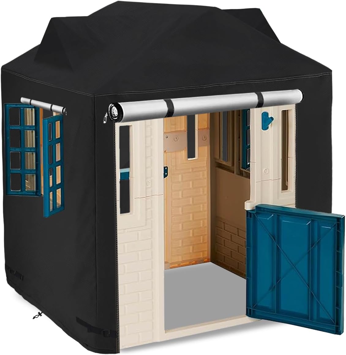 Hadisi Outdoor Kids Playhouse Cover front view showing black waterproof fabric fitting over a children's toy cottage