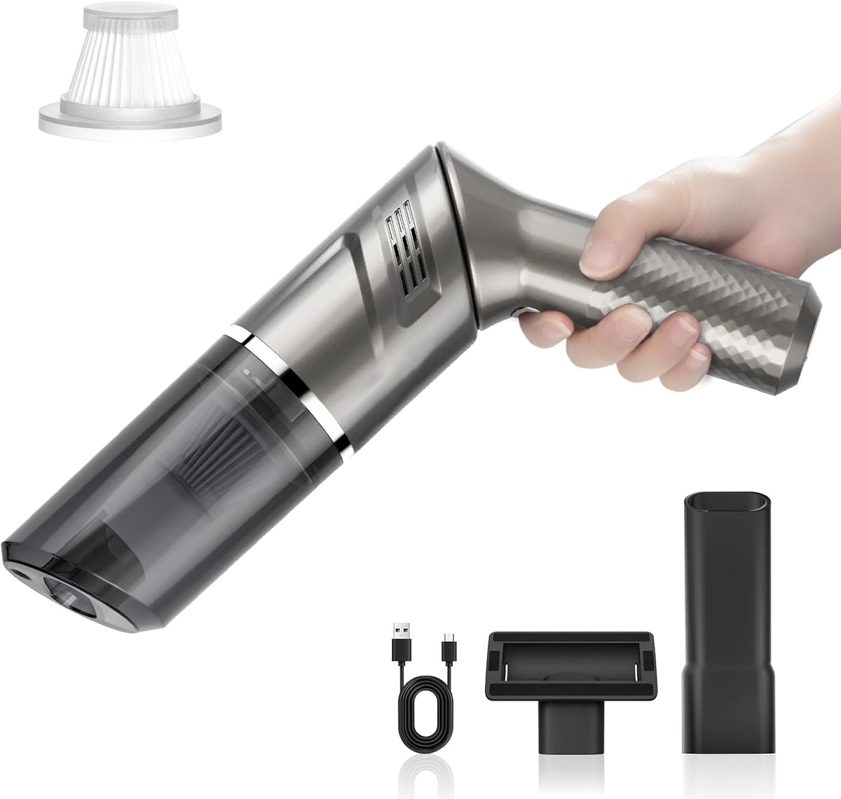 Mzgo cordless car vacuum cleaner front view showing gray exterior and compact body