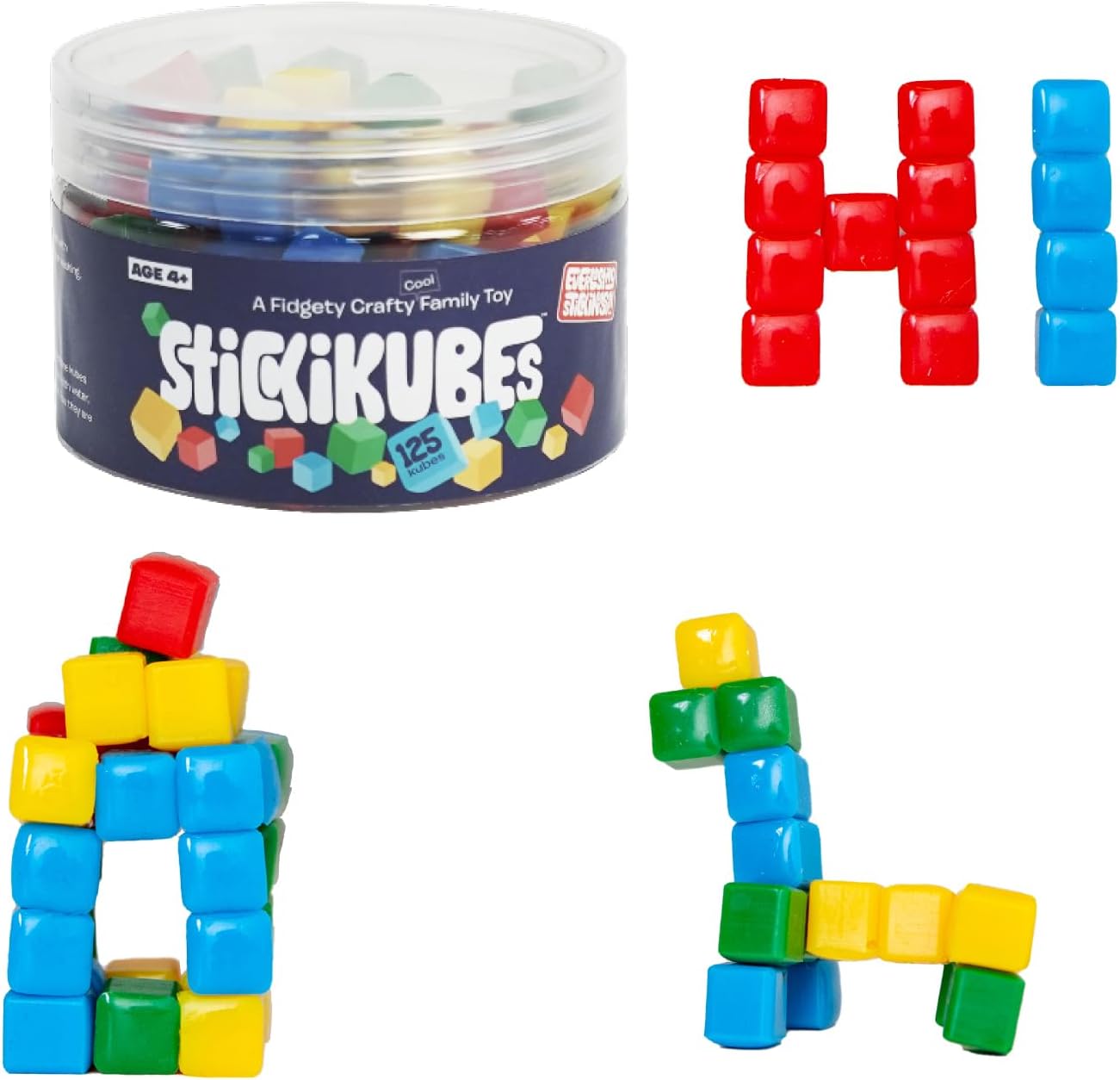 Komarc Games StickiKubes 125 piece set front view in storage tub