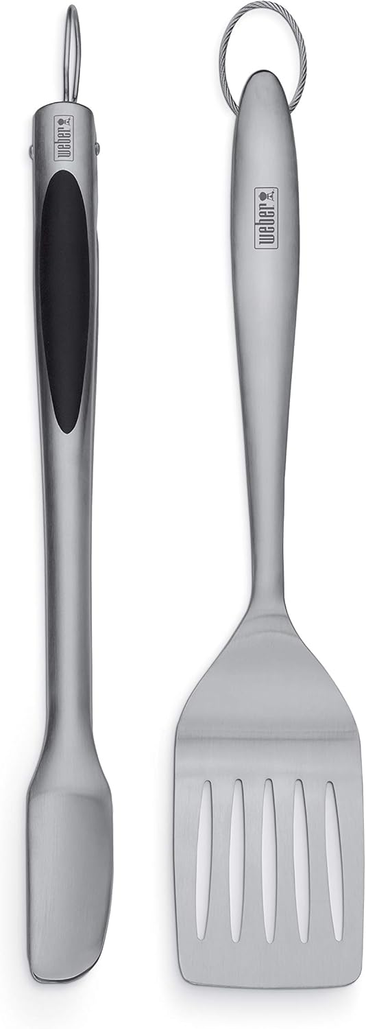 Weber 6707 style stainless steel 2-piece barbecue tool set front view
