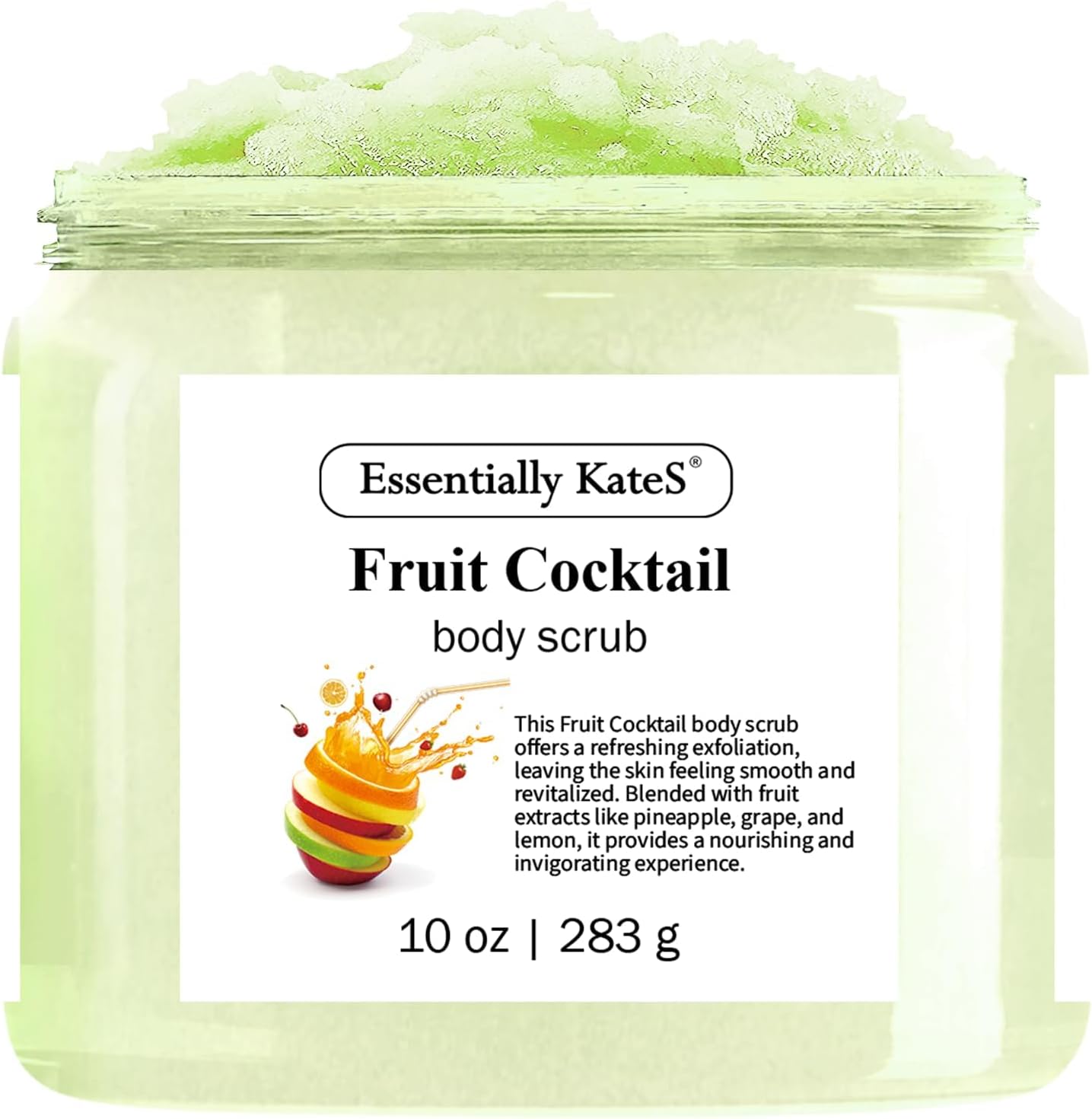 Essentially KateS Fruit Cocktail Body And Foot Scrub front view of jar showing exfoliating cream
