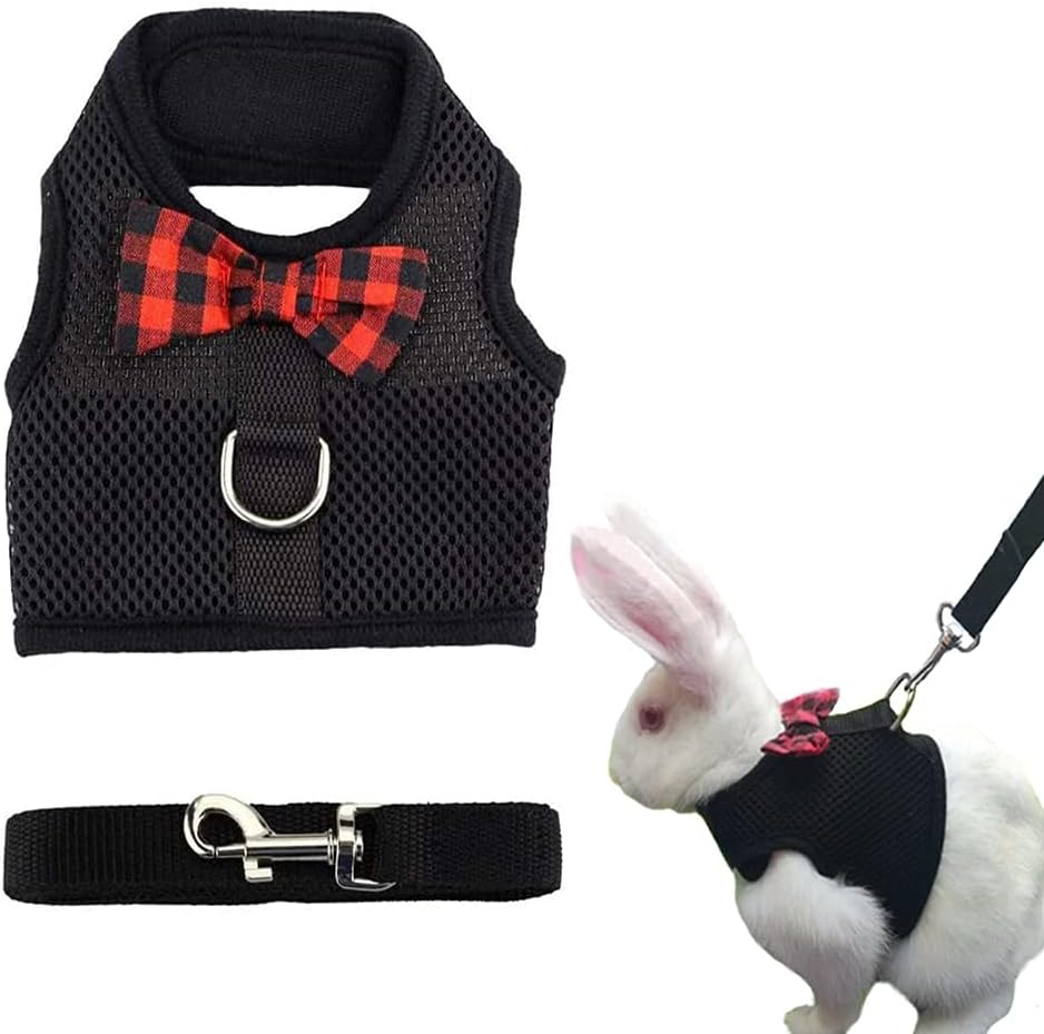 ASOCEA adjustable bunny harness front view showcasing black mesh vest and plaid bow tie.