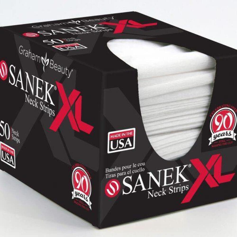 Graham Beauty Sanek XL Neck Strips fifty count box front view showing professional barber supplies