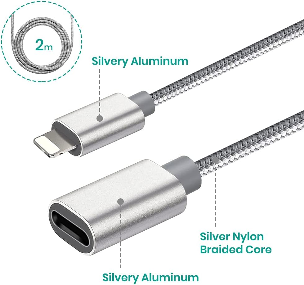MeloAudio 6.6FT Braid Extension Cord Cable Charging Sync Video & Audio Compatible with iOS Devices (Phone/Pad/Pod), Male to Female Dock Cable Extender Connector Case Adapter (Gray) - Image 3