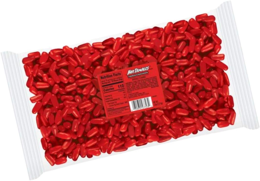 Hot Tamales five pound candy bag showcasing the product label and branding