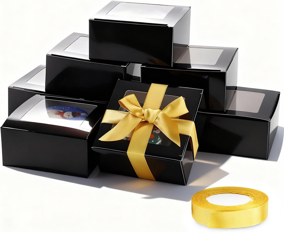 Frantis black gift box front view with window and gold ribbon