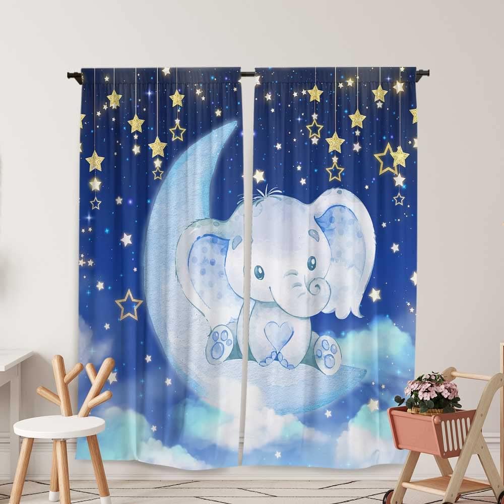 Yilinata Watercolor Elephant Window Curtains front view hanging in a decorated blue star nursery room.