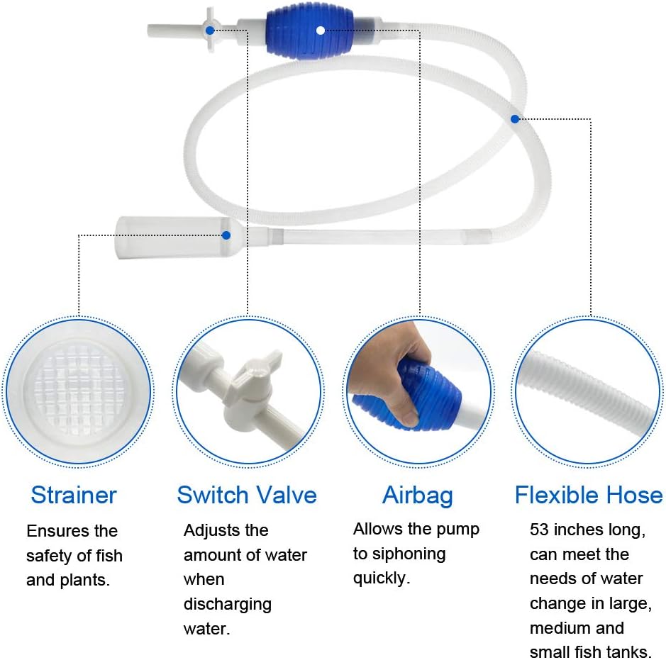 Manual siphon gravel cleaner vacuum pump with long flexible blue hose for water changing.
