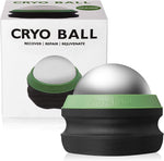 Phyya Rehab Massage Ice Roller Ball front view showing stainless steel sphere and black casing