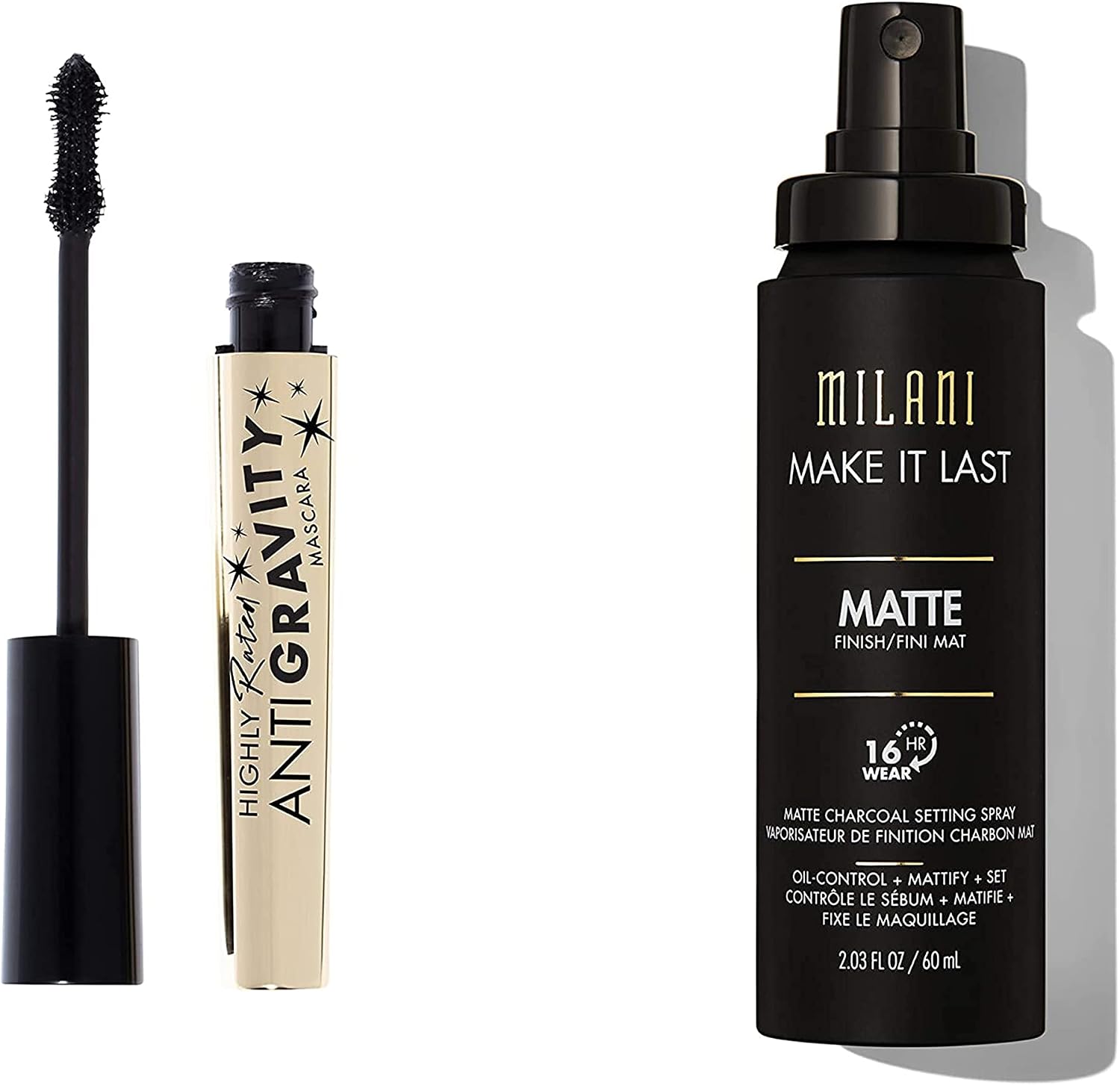 Milani Make It Last Charcoal Matte Setting Spray and Anti Gravity Mascara bundle front view