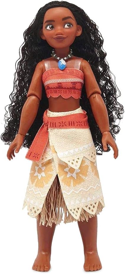 Close up details of Disney Store Moana doll face and dark hair