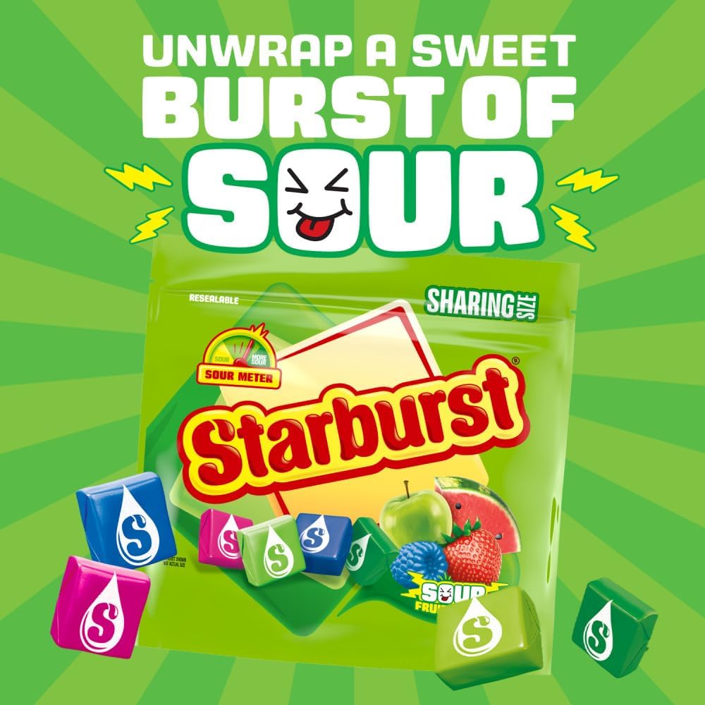 Back of Starburst Sour sharing bag showing ingredients and nutritional facts