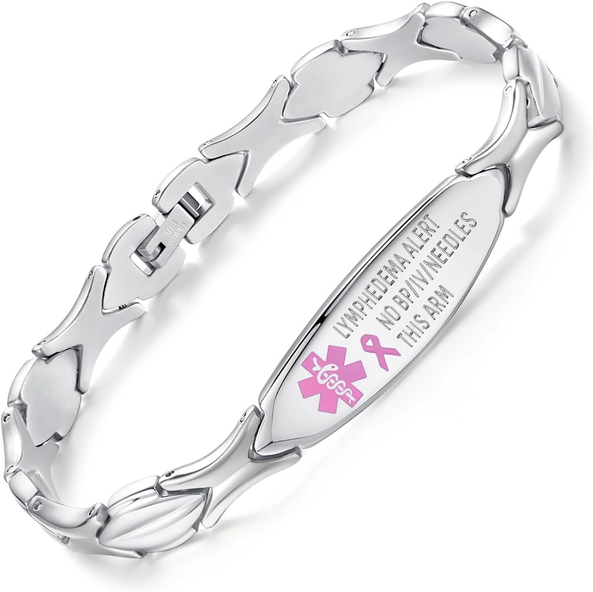 LinnaLove lymphedema alert medical ID bracelet for women front view showing pink ribbon