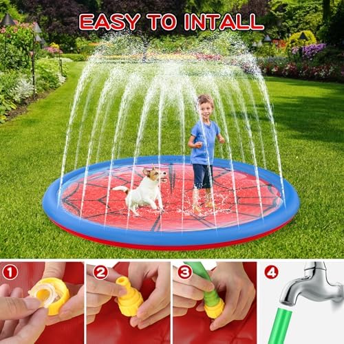Toddlers and family pets playing together safely on a durable water splash mat