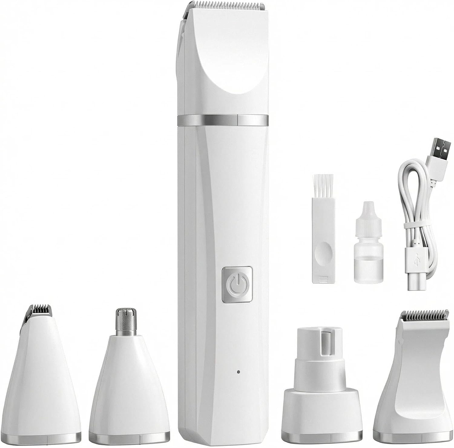 Genérico 4 in 1 pet grooming kit front view showing the white rechargeable handle with interchangeable clipper heads.