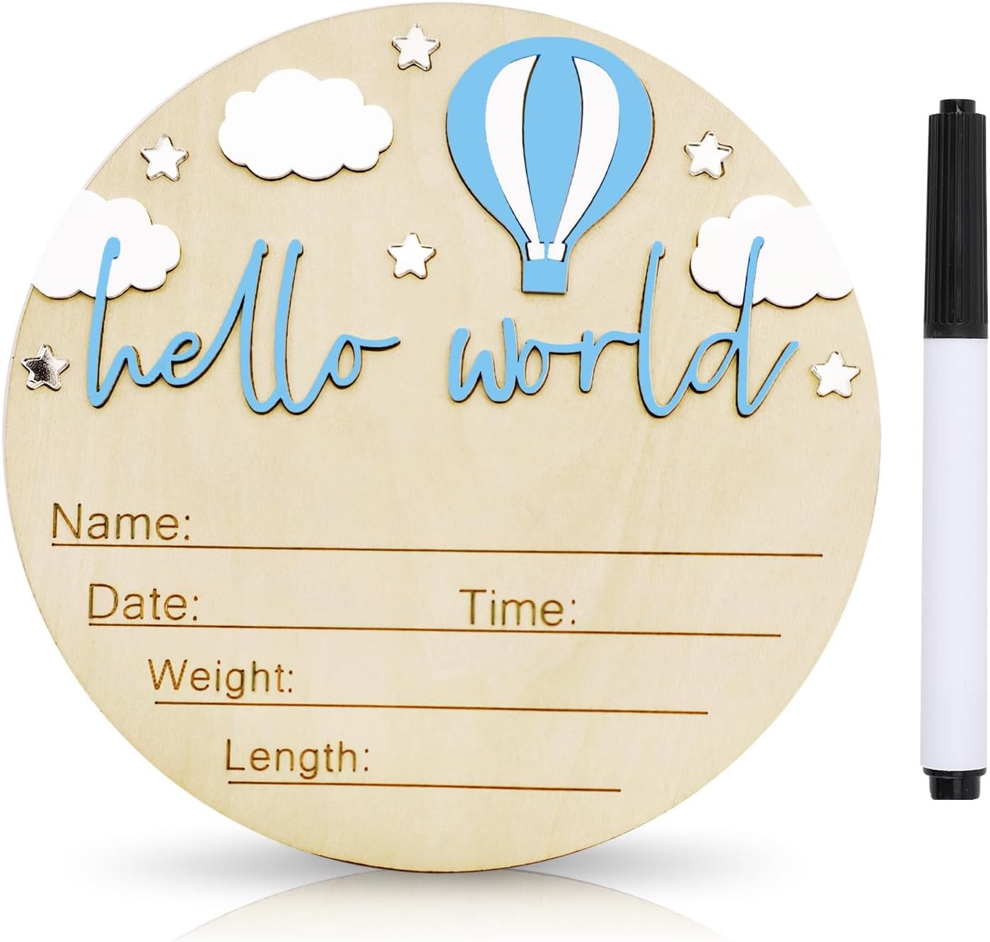Duojinsanxi wooden baby announcement sign front view featuring blue hot air balloon design