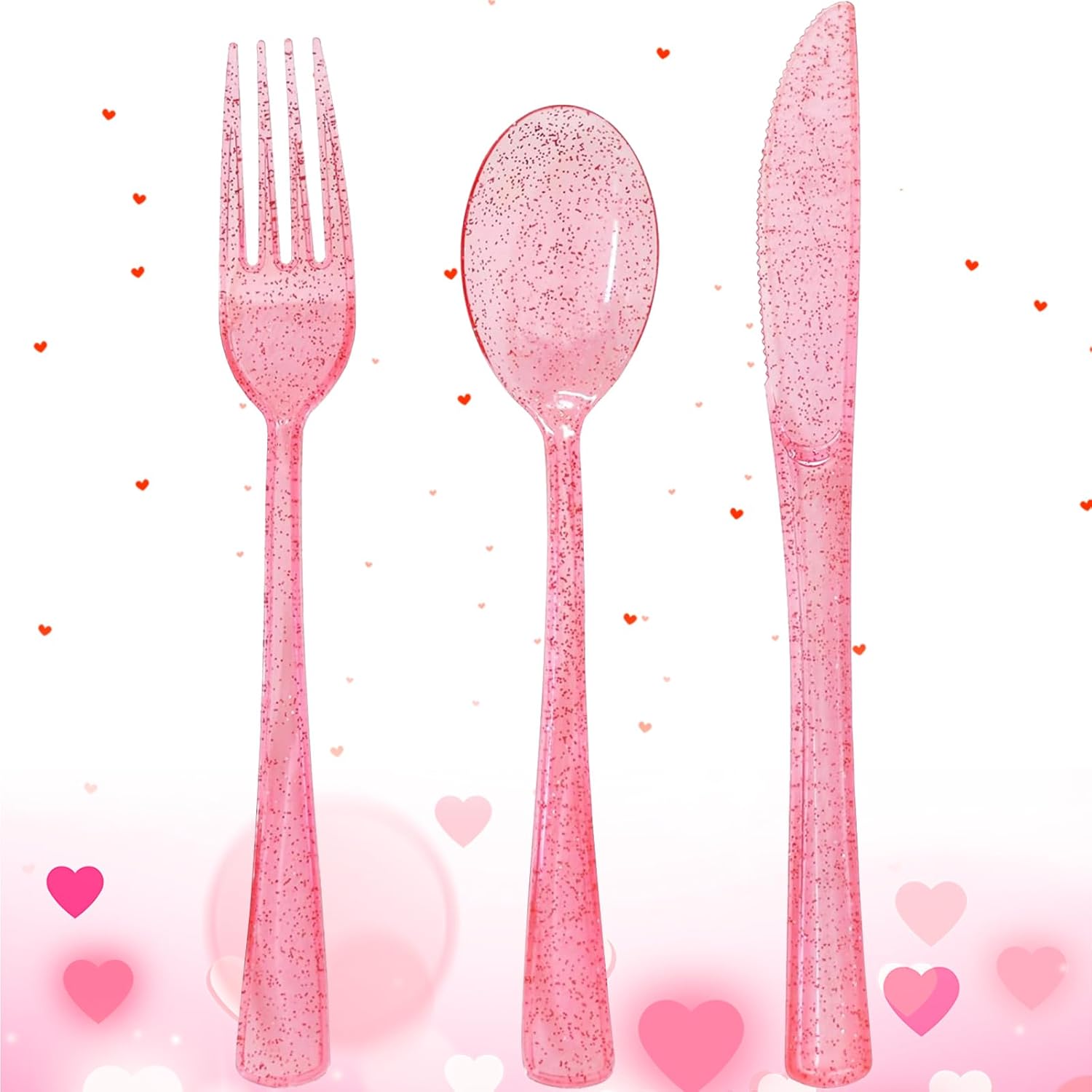 Joy Akkess 150 piece pink silverware set front view for party planning.