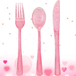 Joy Akkess 150 piece pink silverware set front view for party planning.