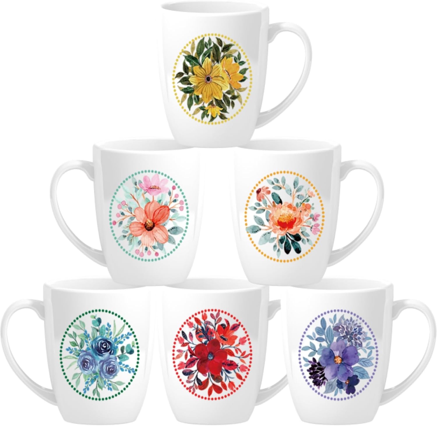 Tlence ceramic coffee mugs front view with floral motifs