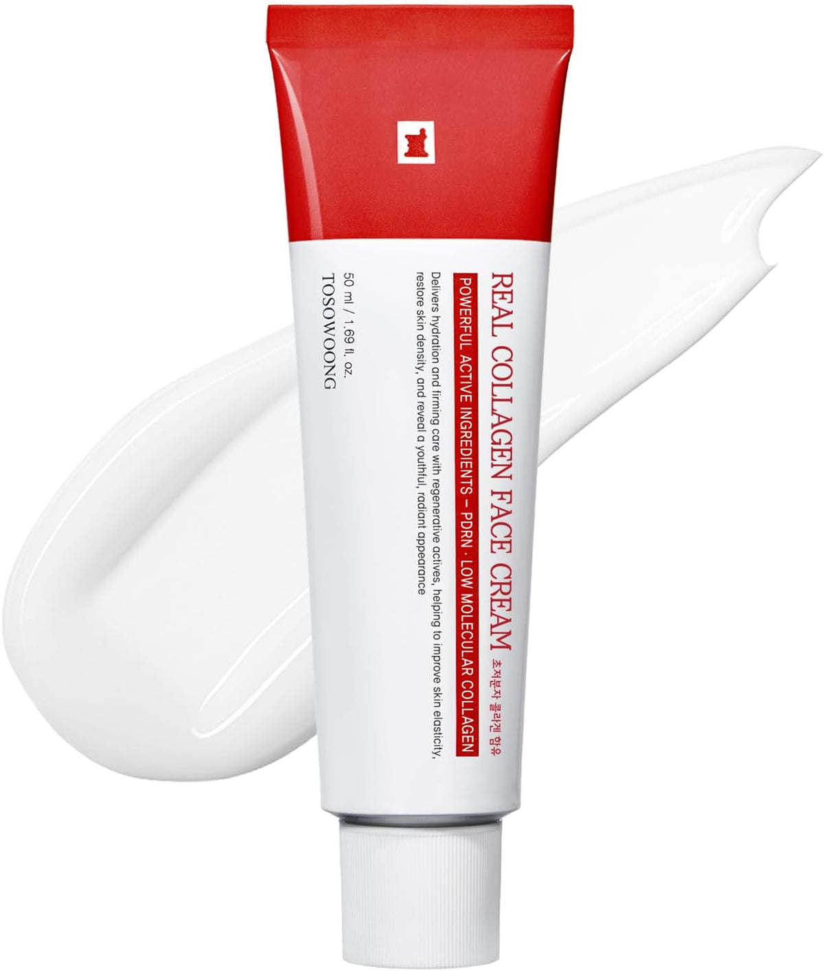 TOSOWOONG Real Collagen Face Cream showing the peel-off mask effect for achieving radiant glass skin.