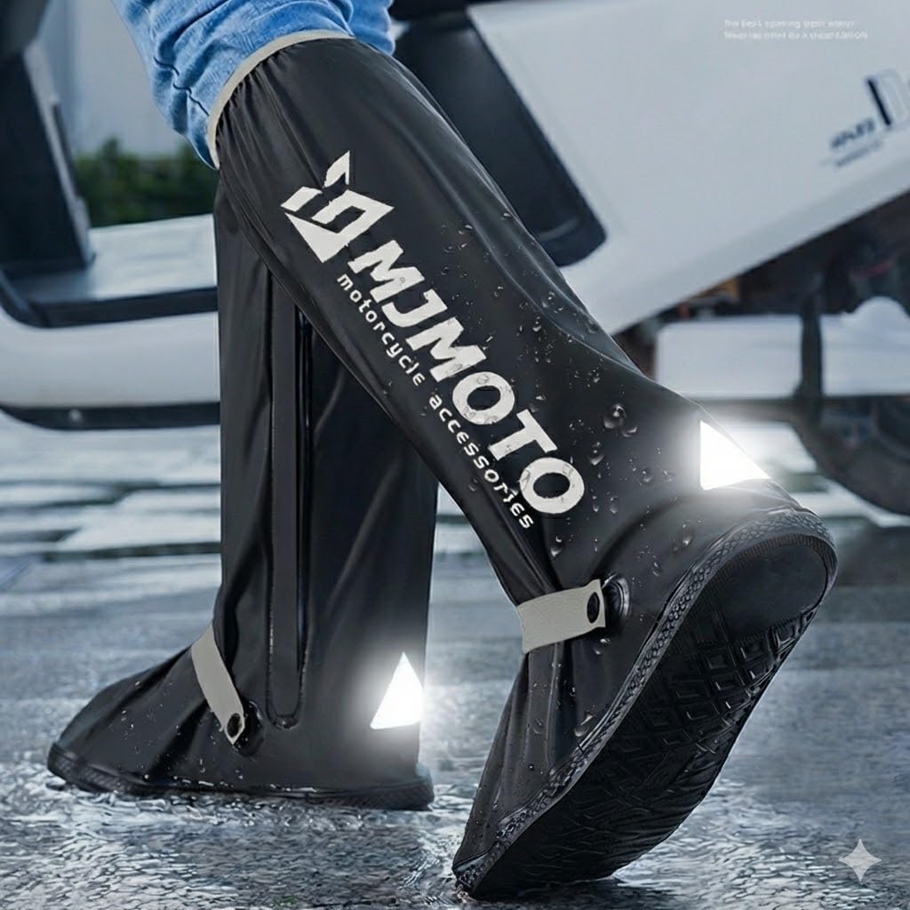 Mjmoto waterproof motorcycle rain boot covers front view showing high tube PVC design and waterproof zipper closure.