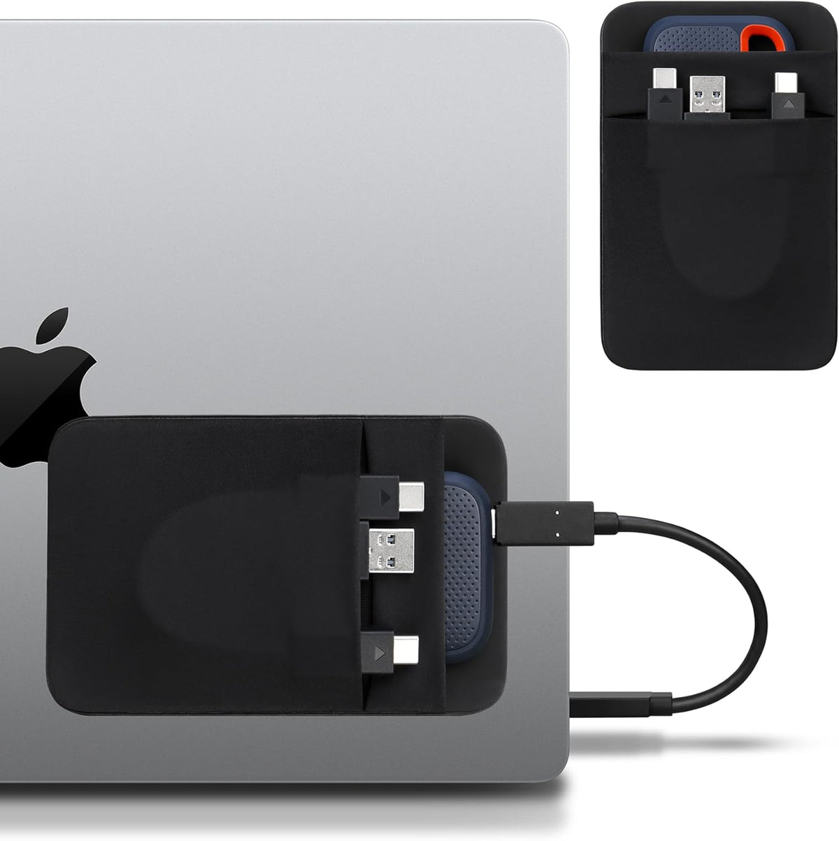 Lacdo portable hard drive sleeve front view attached to the back of a silver laptop