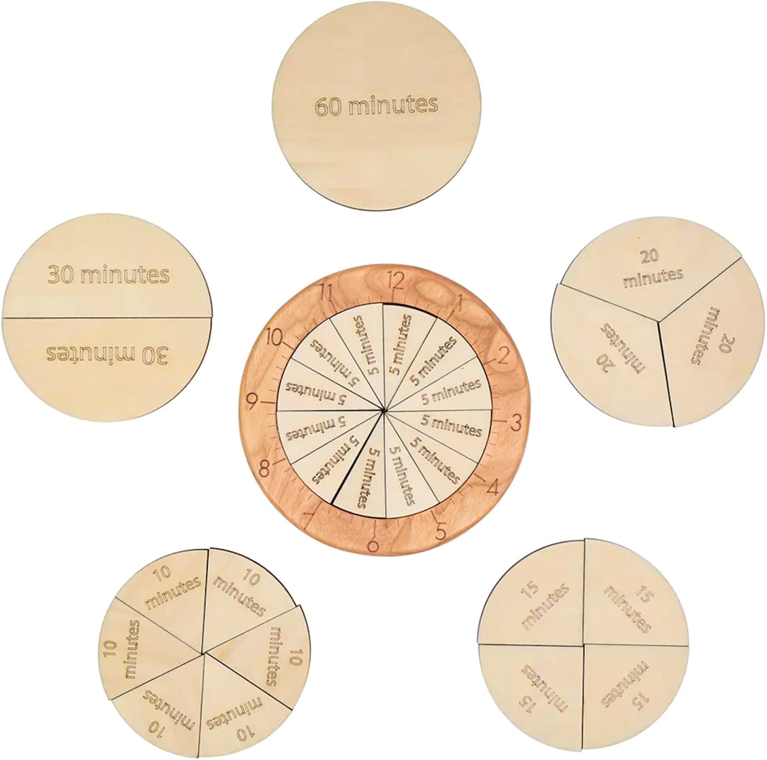 MerryHeart Wooden Time Fraction Learning Clock front view displaying the complete circular wooden puzzle set.