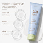 Back label view of Pixi Beauty Clarity Cleanser highlighting triple acid ingredients and usage directions