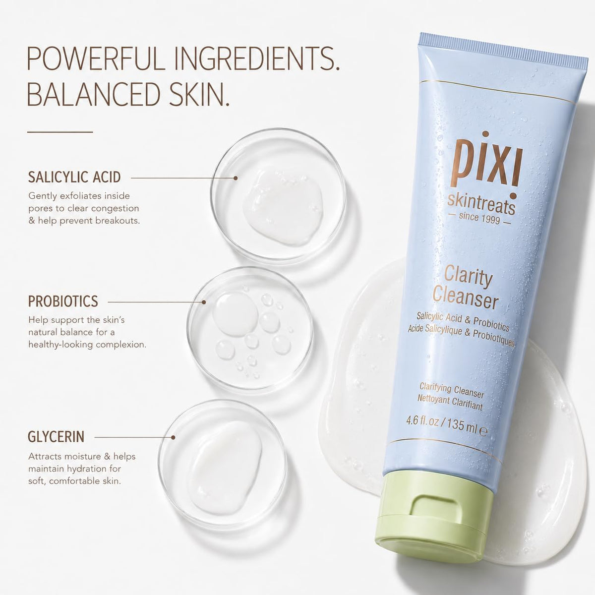 Back label view of Pixi Beauty Clarity Cleanser highlighting triple acid ingredients and usage directions