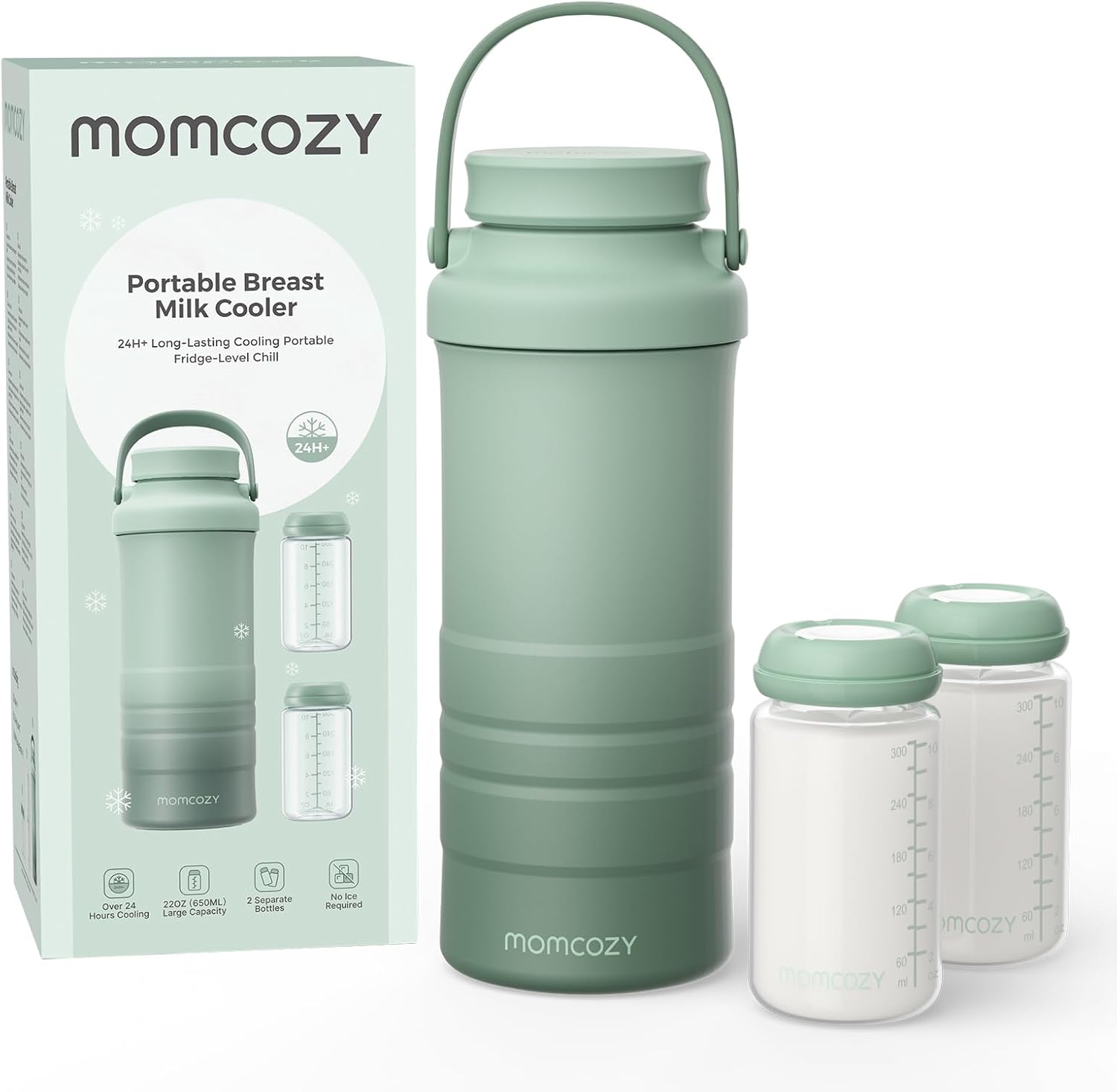 Momcozy 22 Ounce Portable Breast Milk Cooler front view showing the green insulated travel flask.