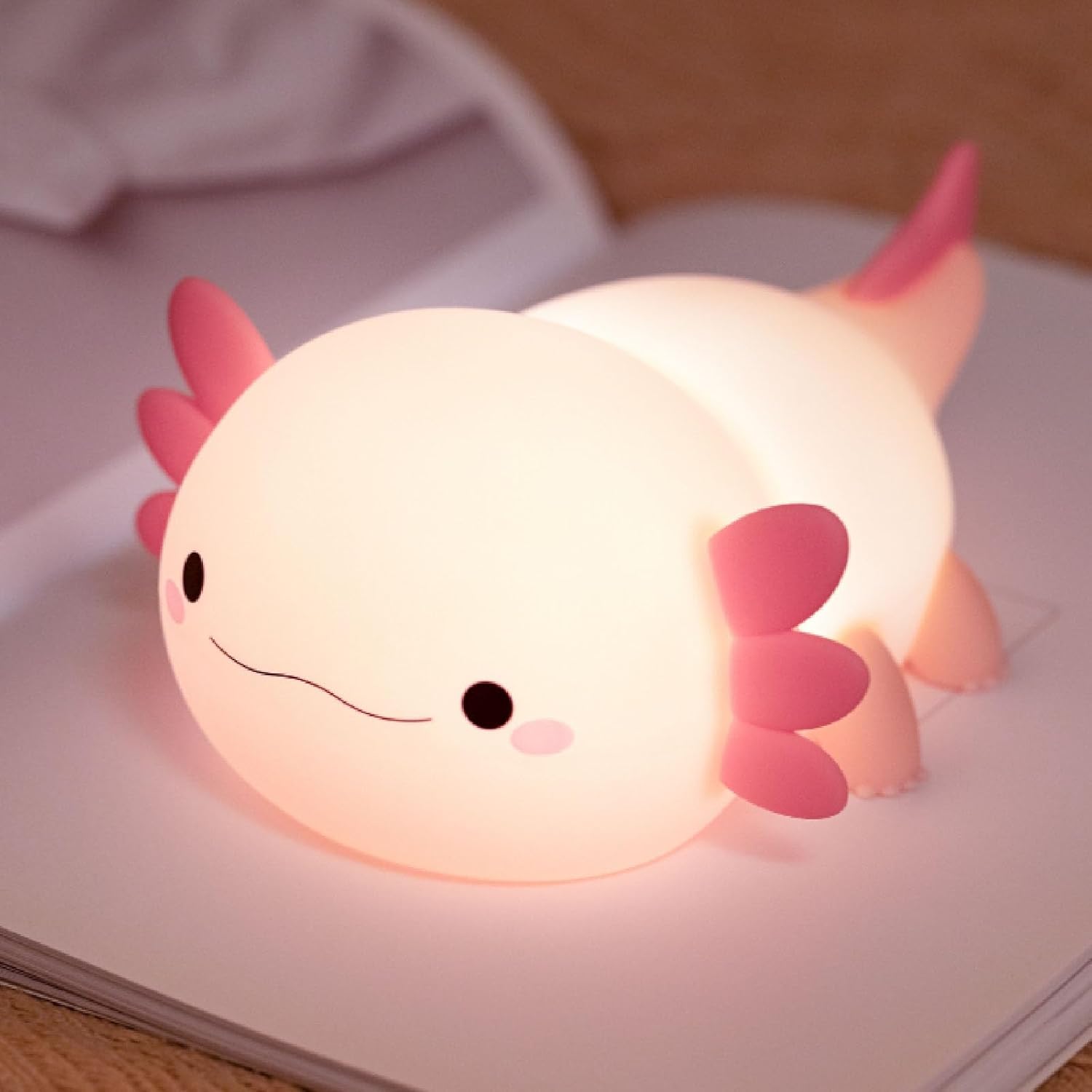 VoMii Axolotl night light front view on bedside table