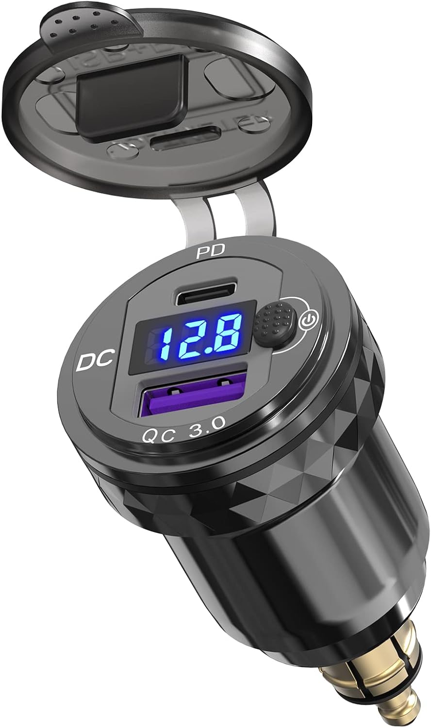 Qidoe motorcycle power adapter hella din plug front view showing dual usb ports