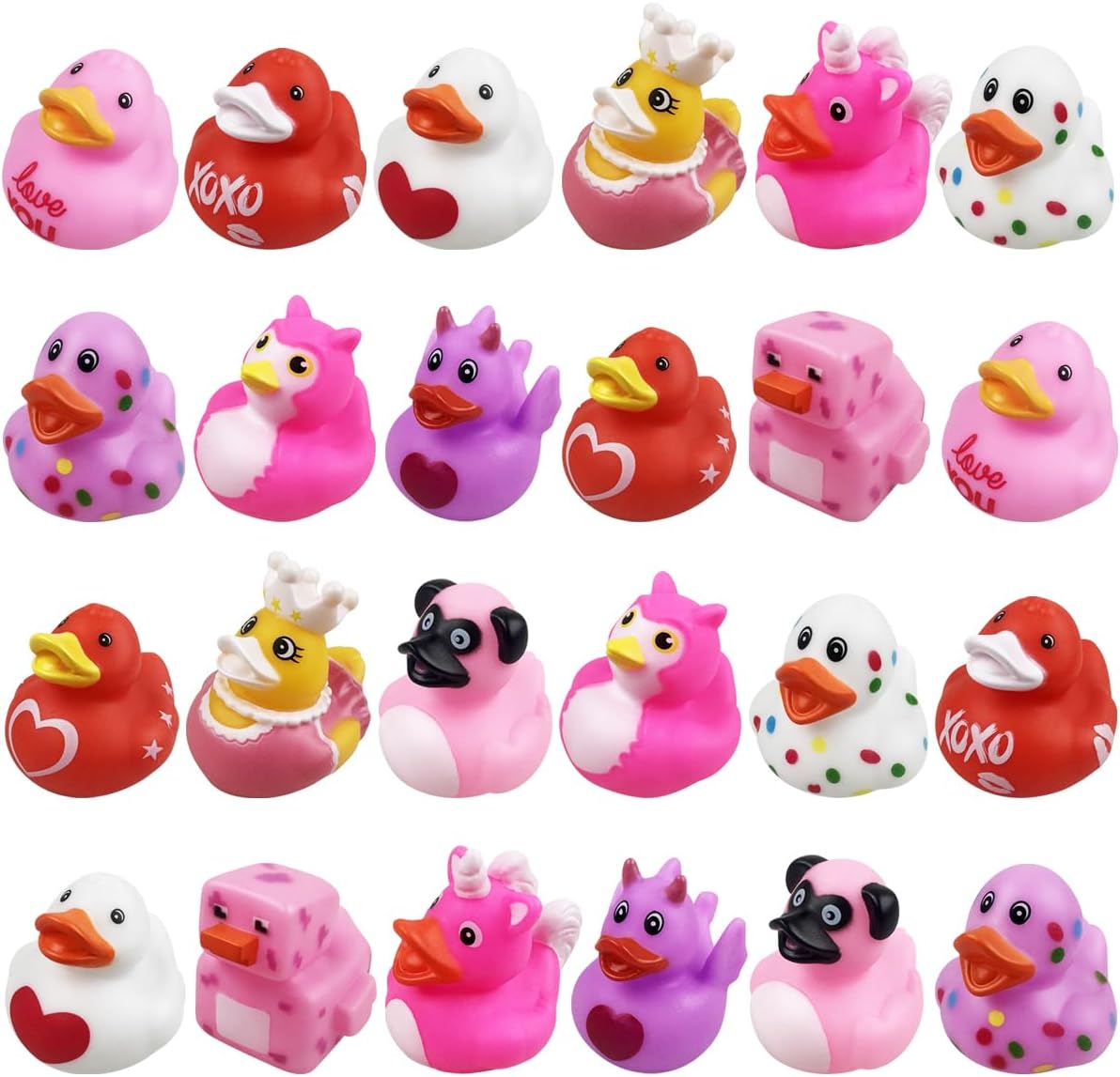 Anditoy Valentines Rubber Ducks 24 pack assortment front view showing twelve unique holiday designs for bath time fun.