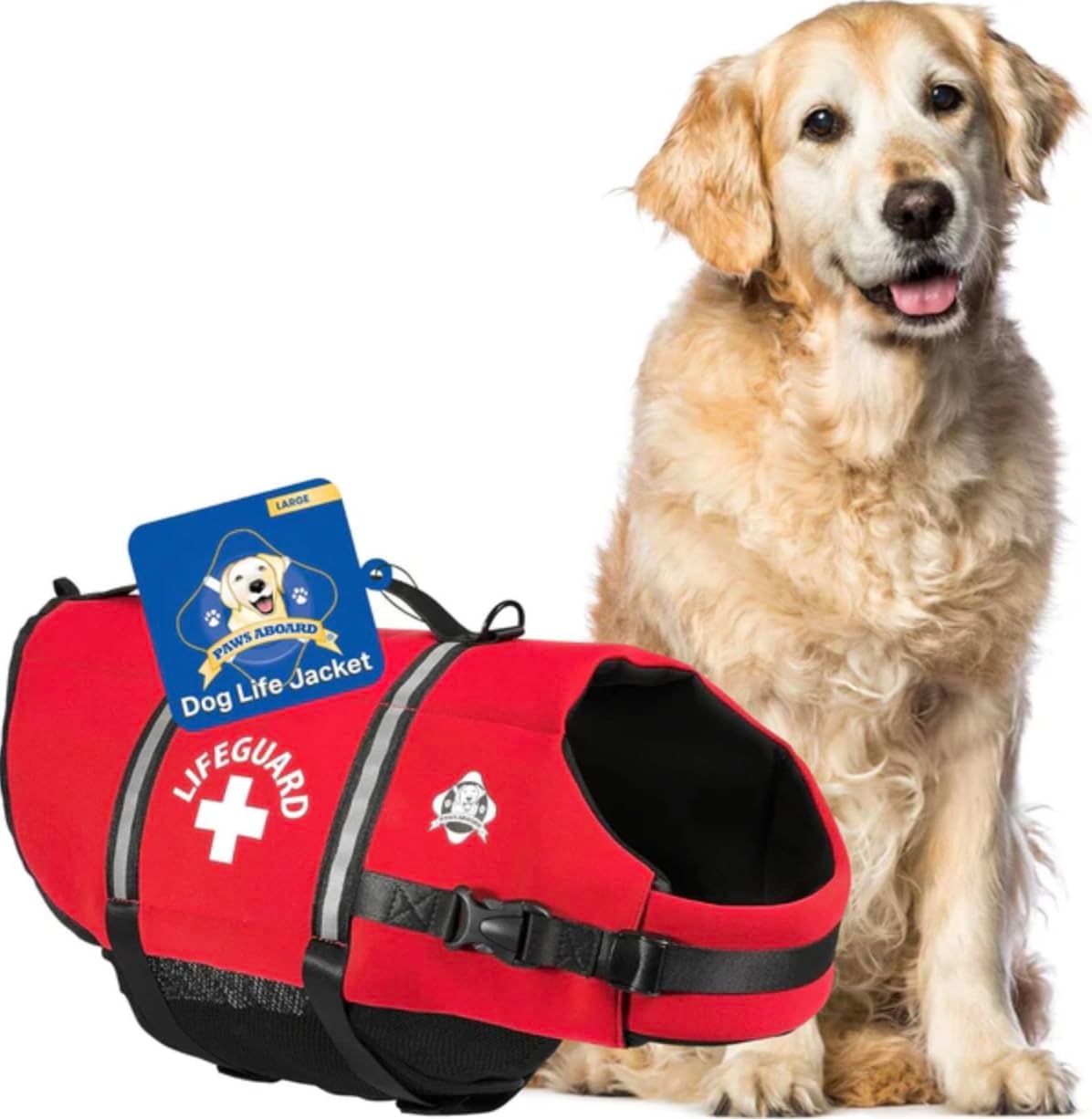 Paws Aboard Neoprene Dog Life Jacket front view in bright red color on a large breed dog