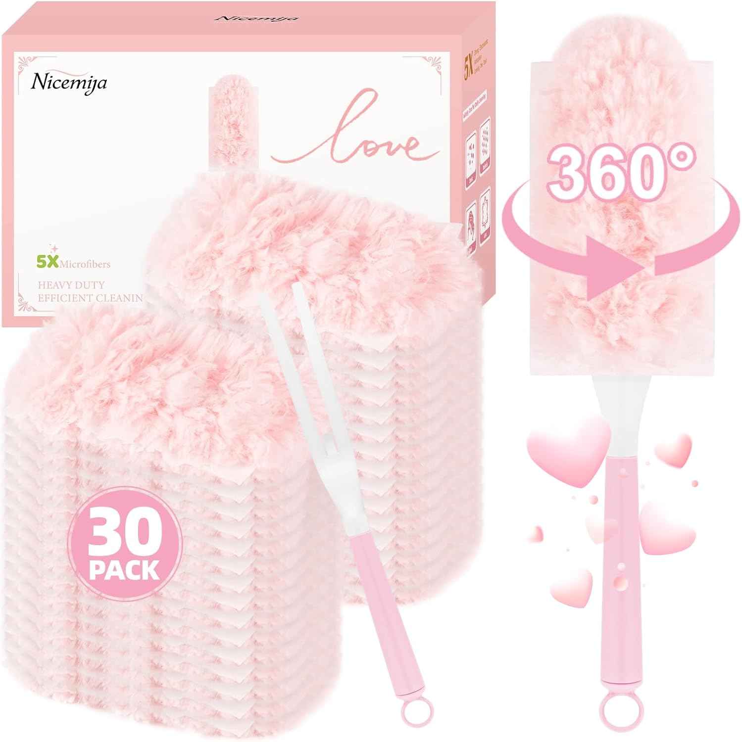 30 Count Pink Duster Refills Compatible with Swiffer Handle, 360° Multi-Surface Duster Refills with 1 Handle, 5X Microfibers Disposable Dusters for Valentines Home, Office Cleaning - Image 1