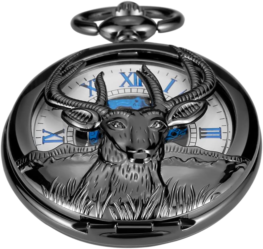 Whodoit men's black mechanical pocket watch front view