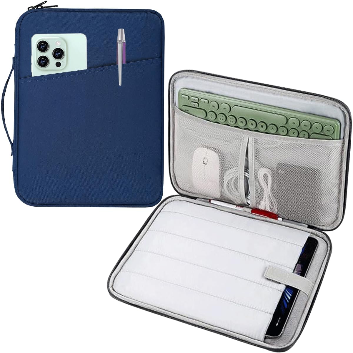 CAAORDKSO laptop tablet sleeve front view in navy blue color showcasing patterned exterior design.