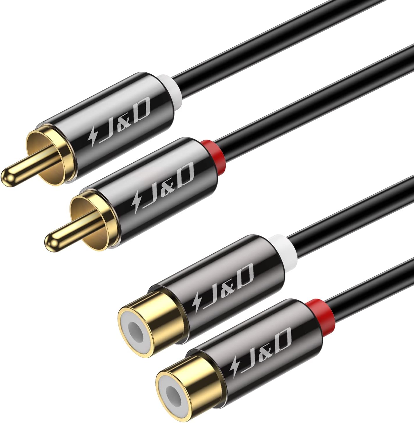 JAndD 2 RCA extension cable front view showing gold plated male and female stereo audio connectors.